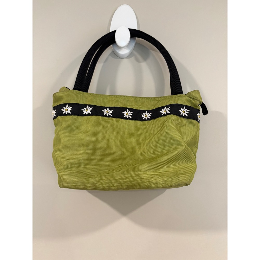 Pinot Handbag Olive Green Daisy Floral Trim Nylon Mini Tote Bag
